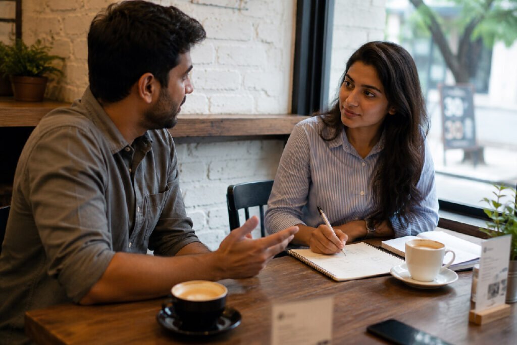 Two-professionals-having-a-relaxed-coffee-shop-conversation