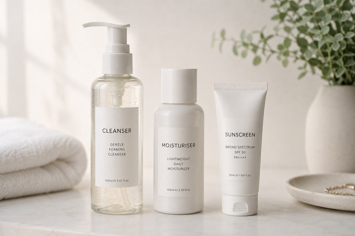 simple skincare bottles labeled cleanser, moisturiser, and sunscreen